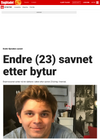 Endre Gjendem savnet Endre (23) savnet etter bytur